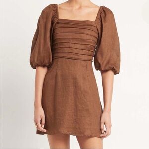 Faithfull the Brand Venezia Brown Linen Puff Sleeve Mini Dress Cottagecore 6